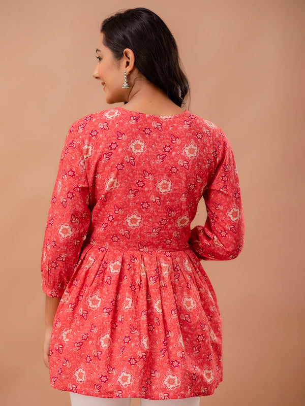 Floral Printed V-Neck Pure Cotton Pleated A-Line Kurti