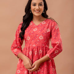 Floral Printed V-Neck Pure Cotton Pleated A-Line Kurti