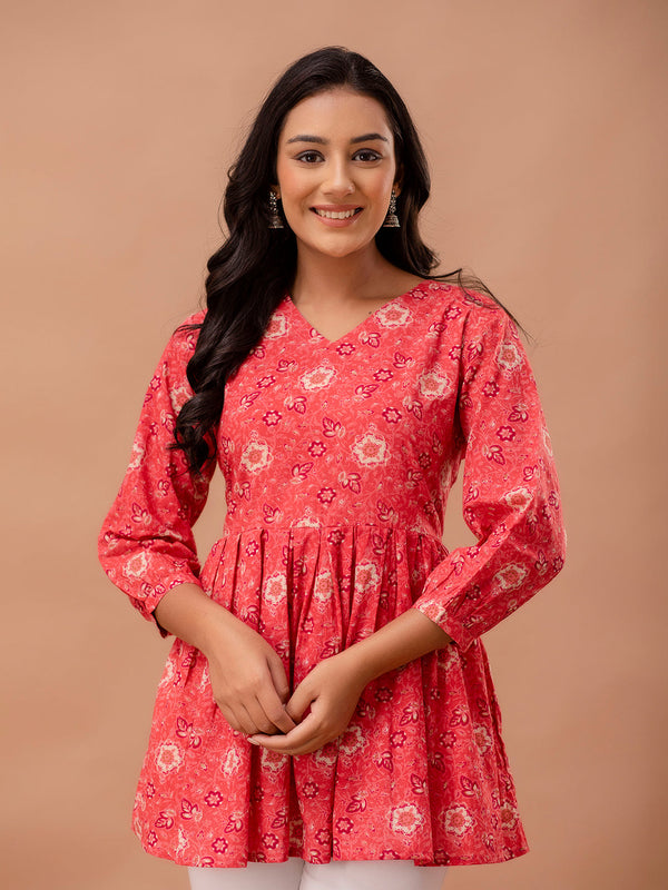 Floral Printed V-Neck Pure Cotton Pleated A-Line Kurti