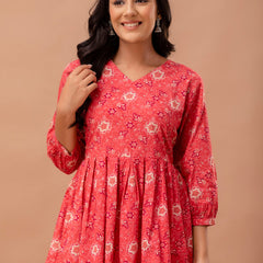 Floral Printed V-Neck Pure Cotton Pleated A-Line Kurti