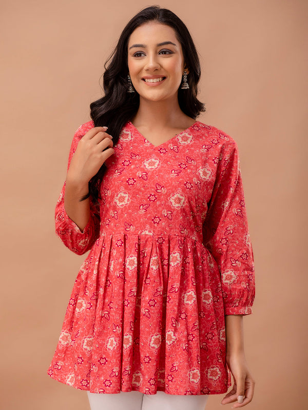Floral Printed V-Neck Pure Cotton Pleated A-Line Kurti
