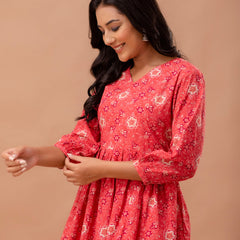 Floral Printed V-Neck Pure Cotton Pleated A-Line Kurti