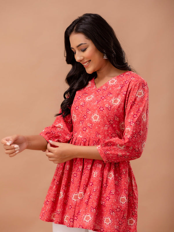 Floral Printed V-Neck Pure Cotton Pleated A-Line Kurti