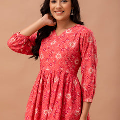 Floral Printed V-Neck Pure Cotton Pleated A-Line Kurti