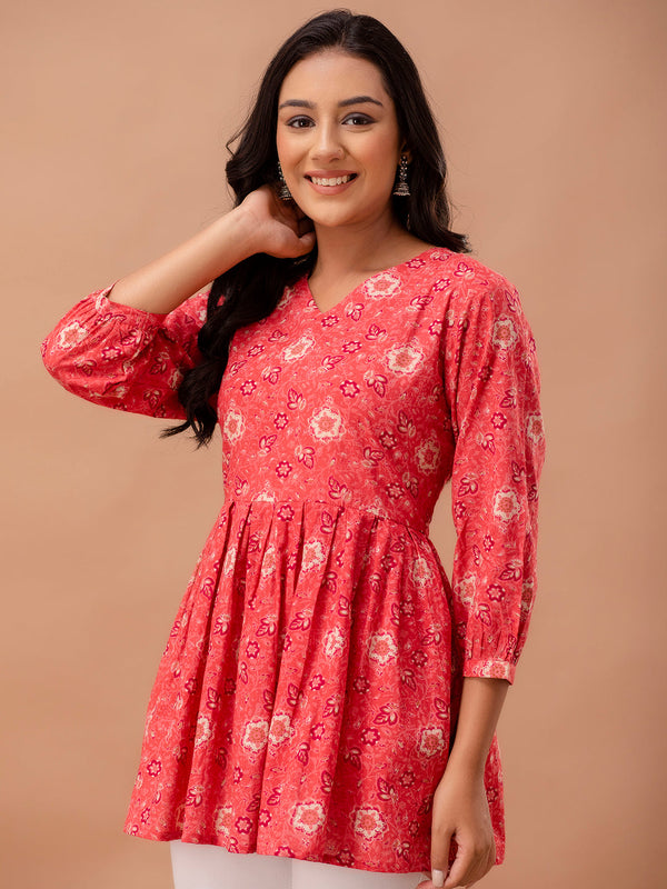 Floral Printed V-Neck Pure Cotton Pleated A-Line Kurti