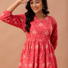 Floral Printed V-Neck Pure Cotton Pleated A-Line Kurti