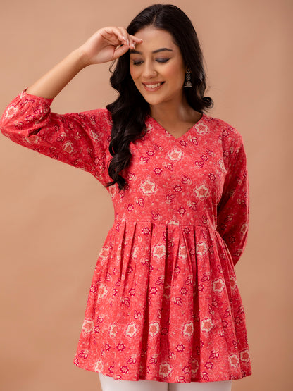 Floral Printed V-Neck Pure Cotton Pleated A-Line Kurti FRKT6291