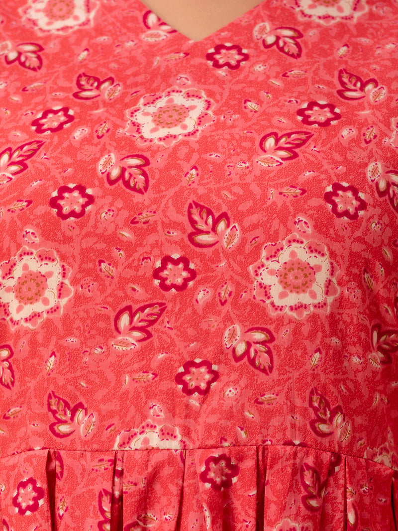 Floral Printed V-Neck Pure Cotton Pleated A-Line Kurti