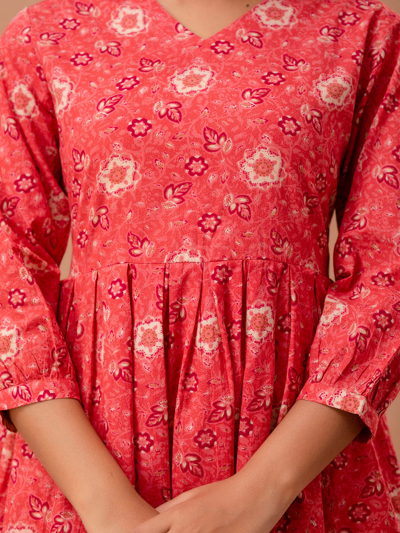 Floral Printed V-Neck Pure Cotton Pleated A-Line Kurti