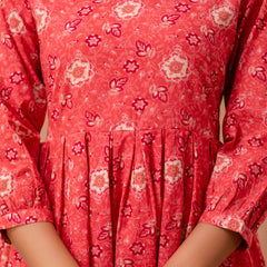 Floral Printed V-Neck Pure Cotton Pleated A-Line Kurti