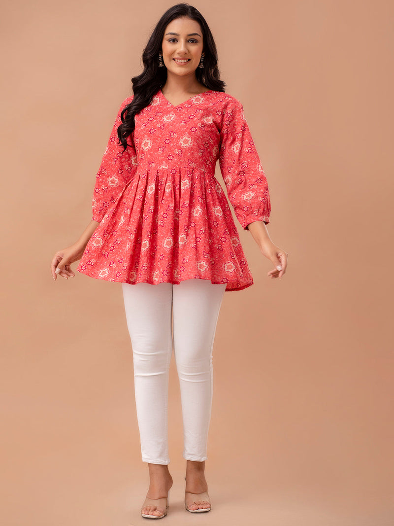 Floral Printed V-Neck Pure Cotton Pleated A-Line Kurti