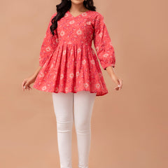 Floral Printed V-Neck Pure Cotton Pleated A-Line Kurti