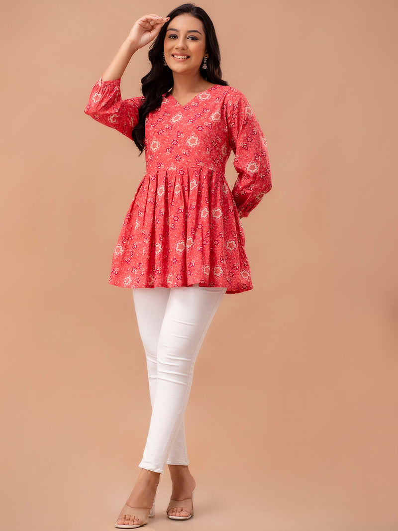 Floral Printed V-Neck Pure Cotton Pleated A-Line Kurti