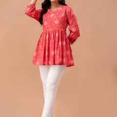 Floral Printed V-Neck Pure Cotton Pleated A-Line Kurti