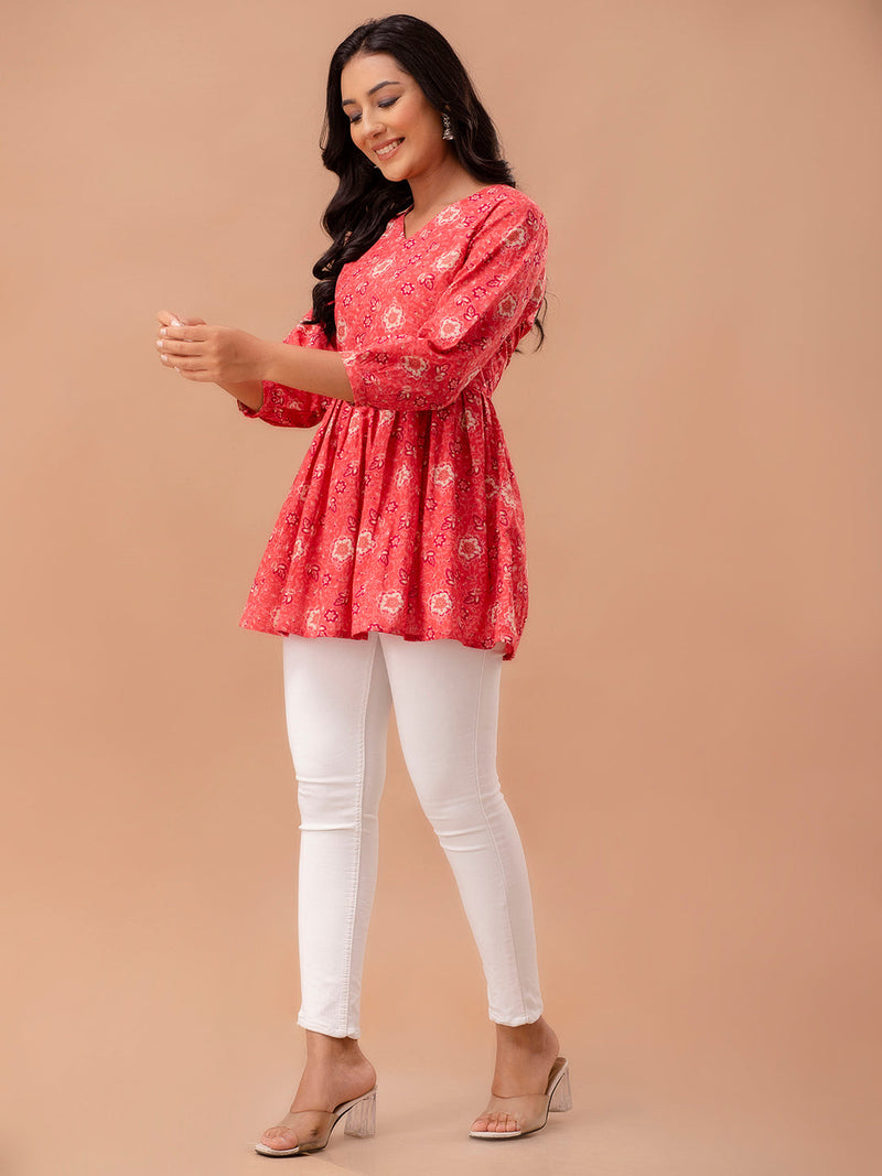 Floral Printed V-Neck Pure Cotton Pleated A-Line Kurti