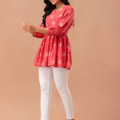 Floral Printed V-Neck Pure Cotton Pleated A-Line Kurti