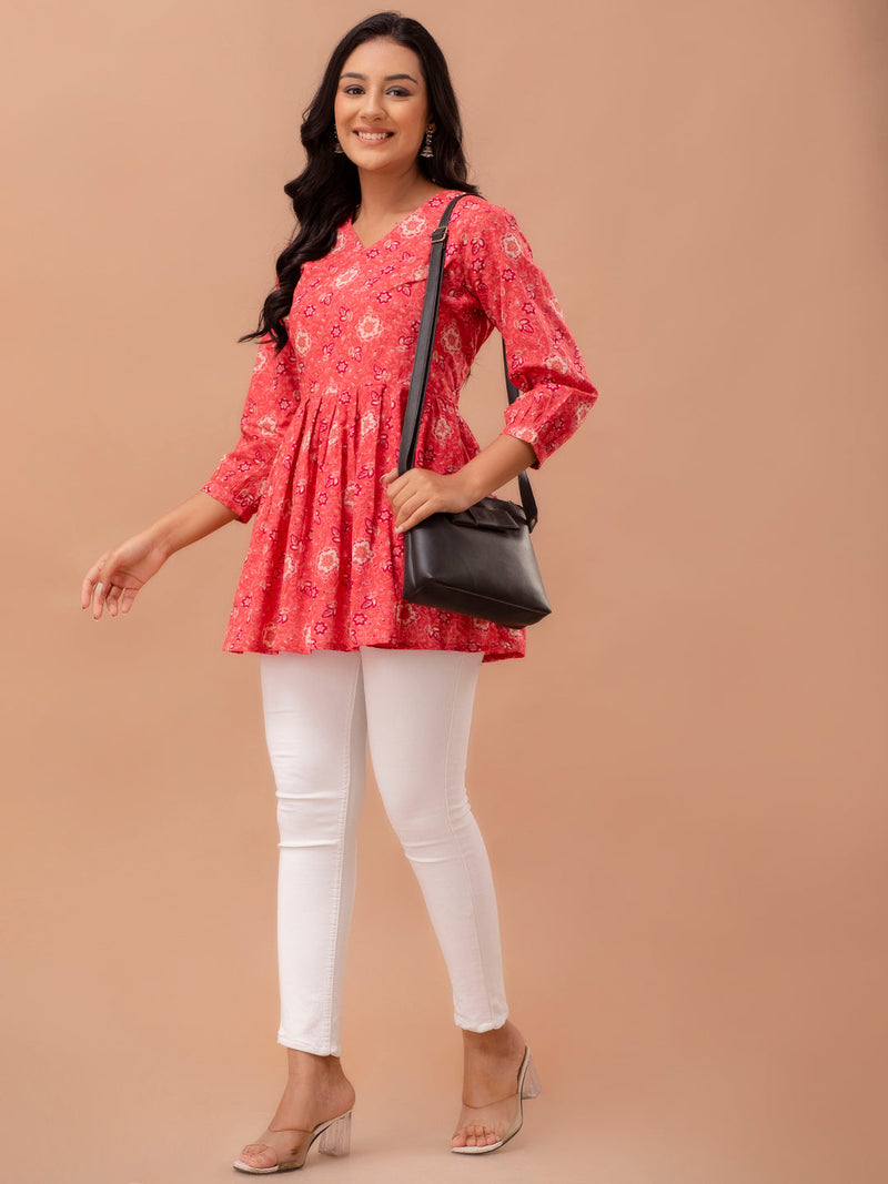 Floral Printed V-Neck Pure Cotton Pleated A-Line Kurti