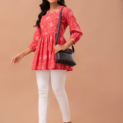 Floral Printed V-Neck Pure Cotton Pleated A-Line Kurti