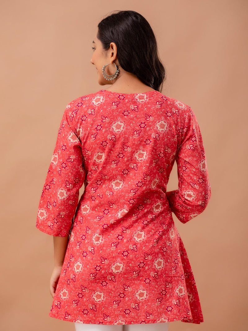 Floral Printed V-Neck Pure Cotton Angrakha A-Line Kurti