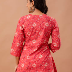 Floral Printed V-Neck Pure Cotton Angrakha A-Line Kurti