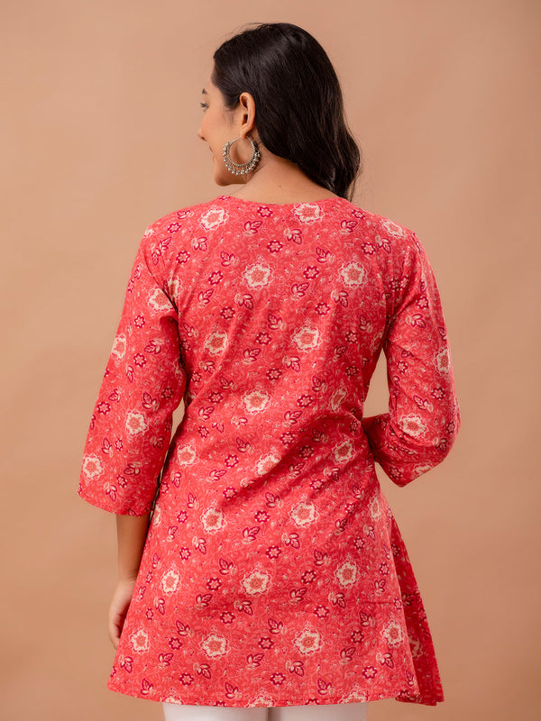 Floral Printed V-Neck Pure Cotton Angrakha A-Line Kurti