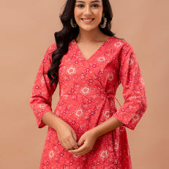Floral Printed V-Neck Pure Cotton Angrakha A-Line Kurti