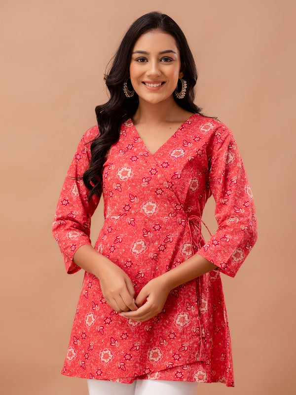 Floral Printed V-Neck Pure Cotton Angrakha A-Line Kurti