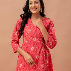 Floral Printed V-Neck Pure Cotton Angrakha A-Line Kurti