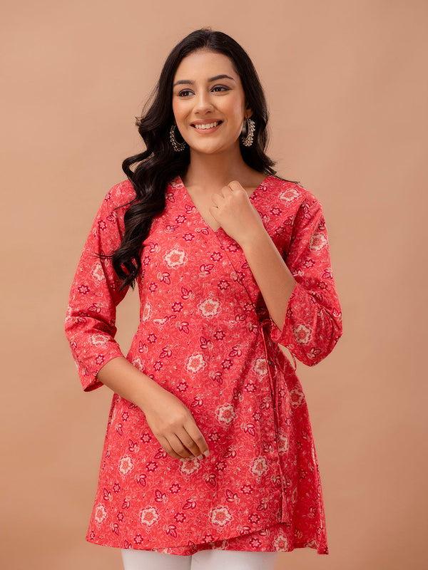 Floral Printed V-Neck Pure Cotton Angrakha A-Line Kurti
