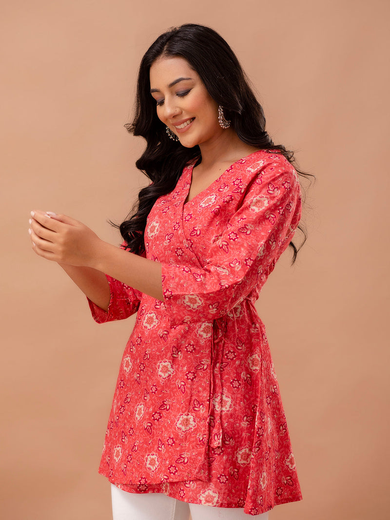 Floral Printed V-Neck Pure Cotton Angrakha A-Line Kurti