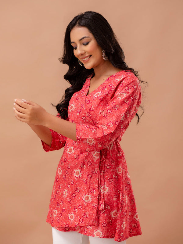 Floral Printed V-Neck Pure Cotton Angrakha A-Line Kurti