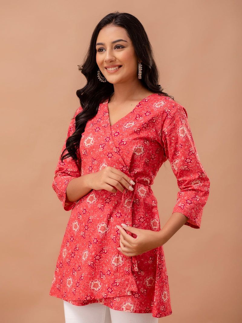 Floral Printed V-Neck Pure Cotton Angrakha A-Line Kurti