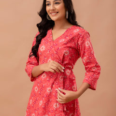 Floral Printed V-Neck Pure Cotton Angrakha A-Line Kurti
