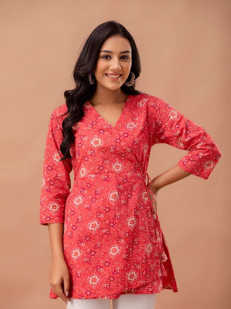 Floral Printed V-Neck Pure Cotton Angrakha A-Line Kurti