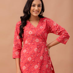 Floral Printed V-Neck Pure Cotton Angrakha A-Line Kurti