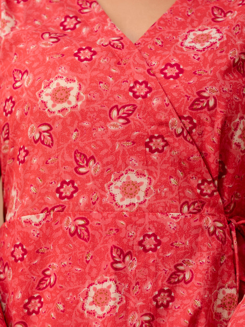Floral Printed V-Neck Pure Cotton Angrakha A-Line Kurti