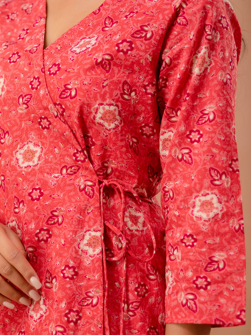Floral Printed V-Neck Pure Cotton Angrakha A-Line Kurti