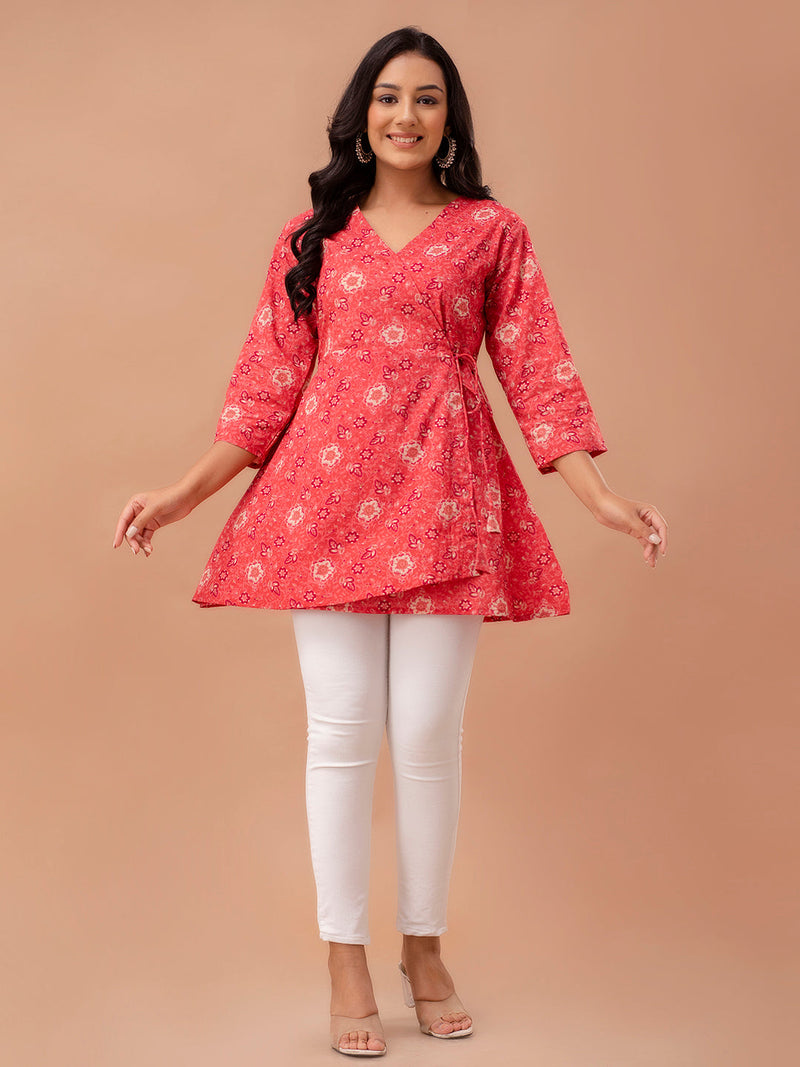 Floral Printed V-Neck Pure Cotton Angrakha A-Line Kurti