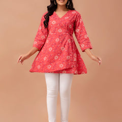 Floral Printed V-Neck Pure Cotton Angrakha A-Line Kurti