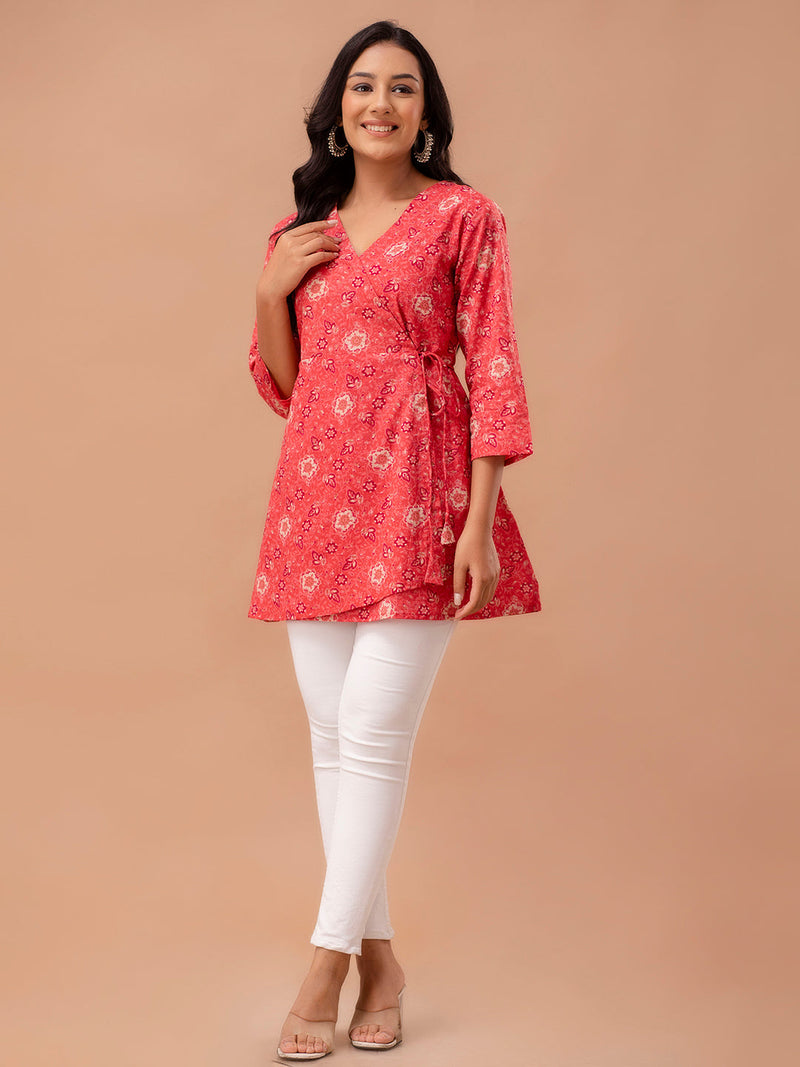 Floral Printed V-Neck Pure Cotton Angrakha A-Line Kurti