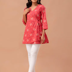 Floral Printed V-Neck Pure Cotton Angrakha A-Line Kurti