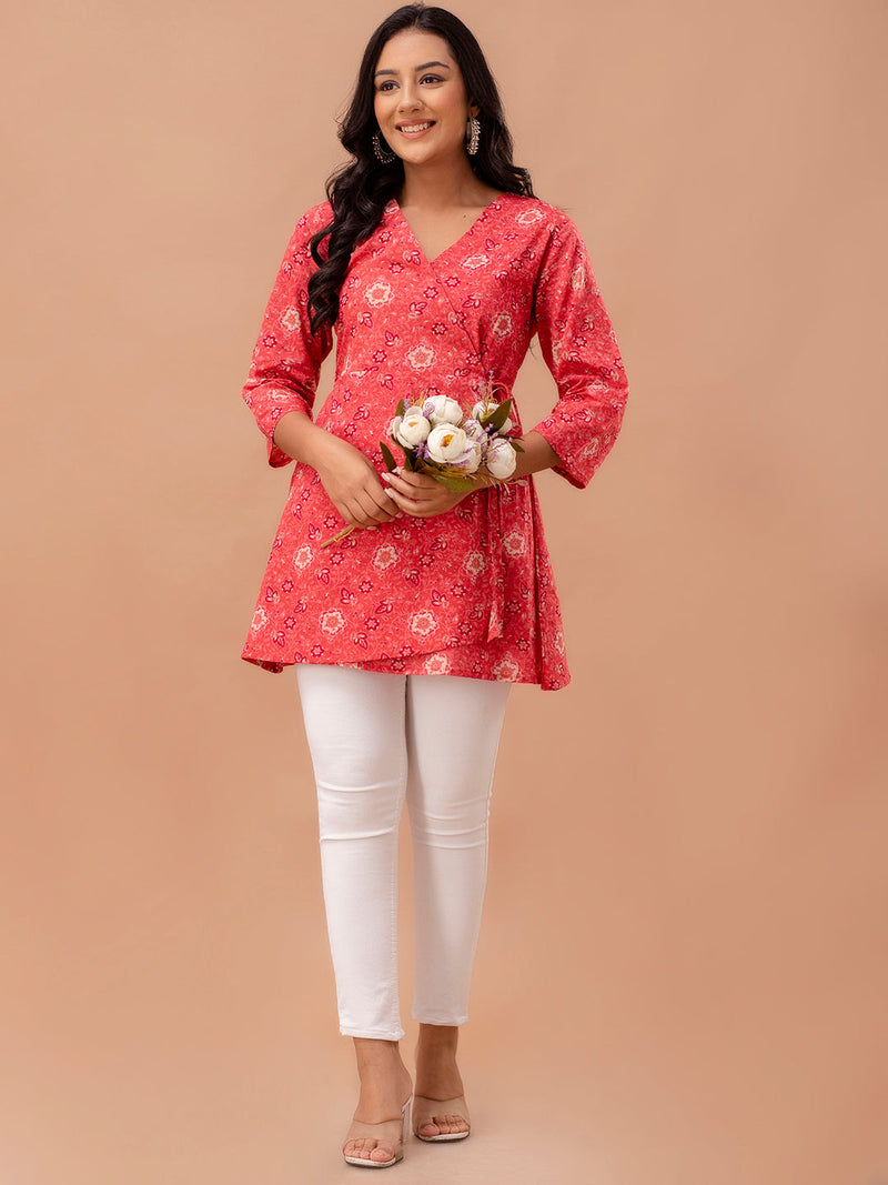 Floral Printed V-Neck Pure Cotton Angrakha A-Line Kurti