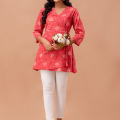 Floral Printed V-Neck Pure Cotton Angrakha A-Line Kurti