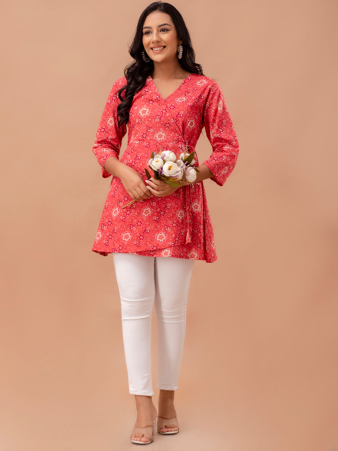 Floral Printed V-Neck Pure Cotton Angrakha A-Line Kurti FRKT6269