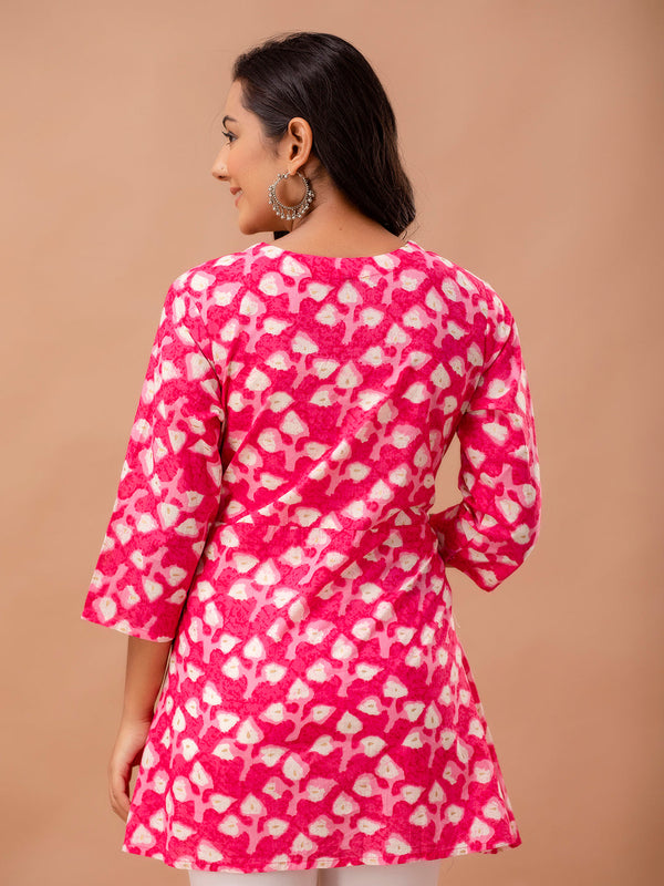 Floral Printed V-Neck Pure Cotton Angrakha A-Line