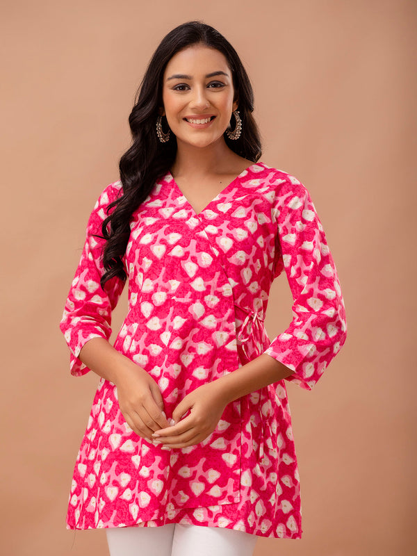 Floral Printed V-Neck Pure Cotton Angrakha A-Line