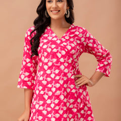 Floral Printed V-Neck Pure Cotton Angrakha A-Line