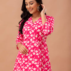 Floral Printed V-Neck Pure Cotton Angrakha A-Line