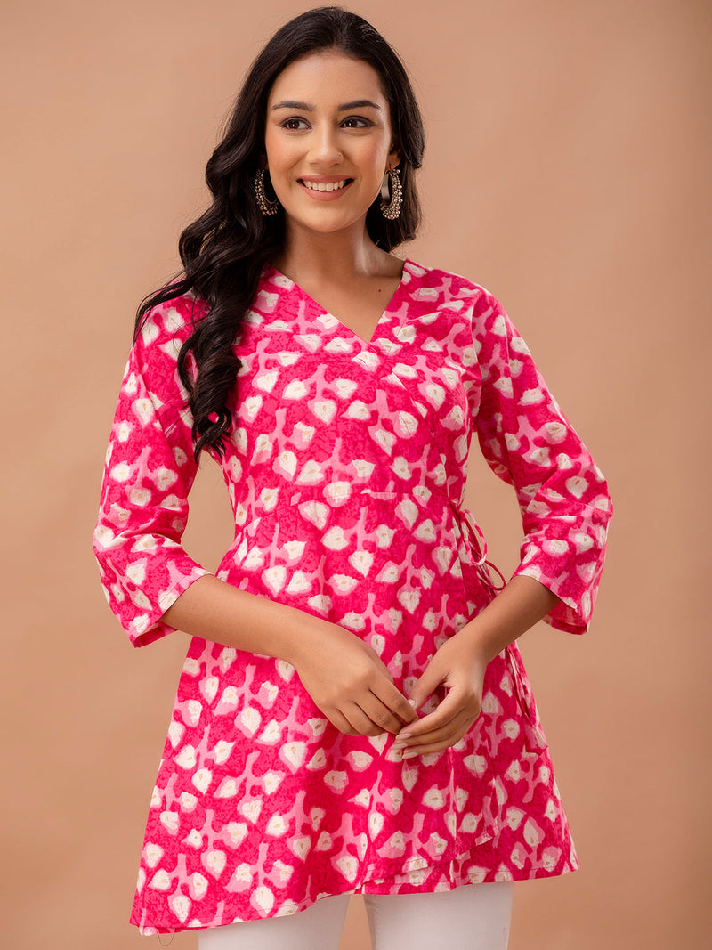 Floral Printed V-Neck Pure Cotton Angrakha A-Line