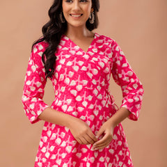 Floral Printed V-Neck Pure Cotton Angrakha A-Line